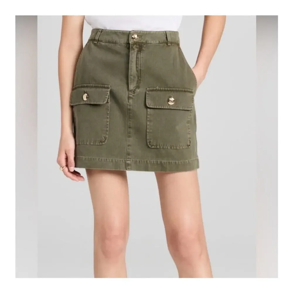NWT ANINE BING Aliza Cotton Mini Skirt Olive Green High Rise A-Line (sz L)
